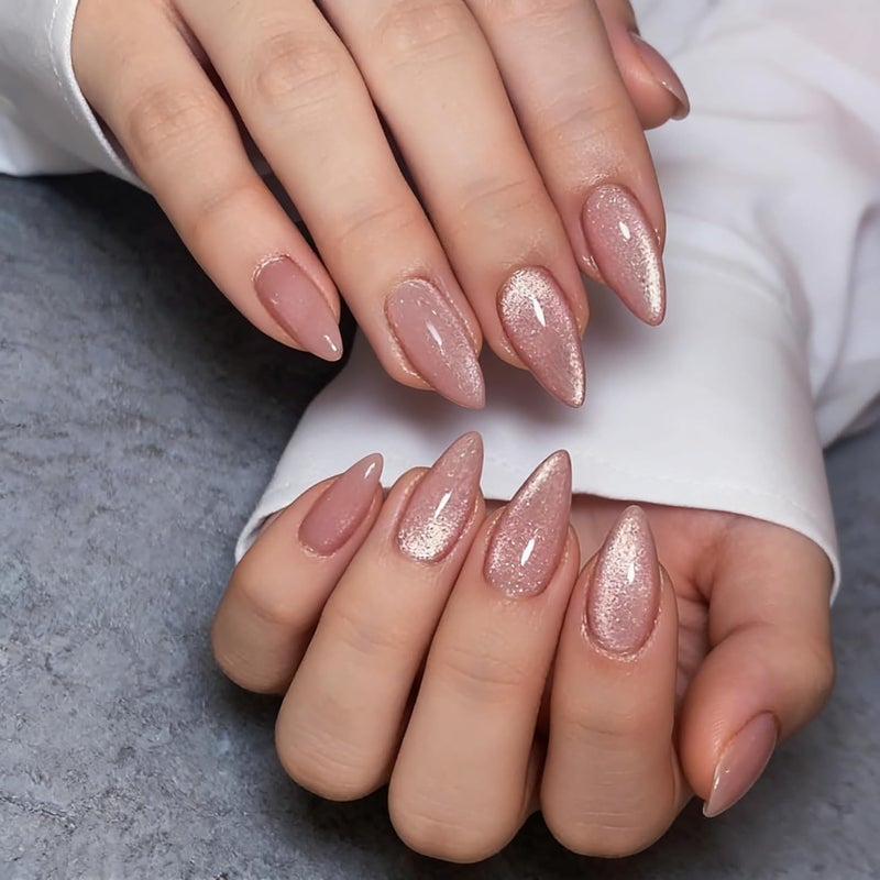 KQueenest Cat Eye Light Pink Press on Nails Medium Almond, 30 Pcs Glitter Nude Pink Fake Nails Press ons, Sparkly Acrylic Nails for Valentine’s Day, Reusable Glue on Nails for Women Small Hand - Image 3